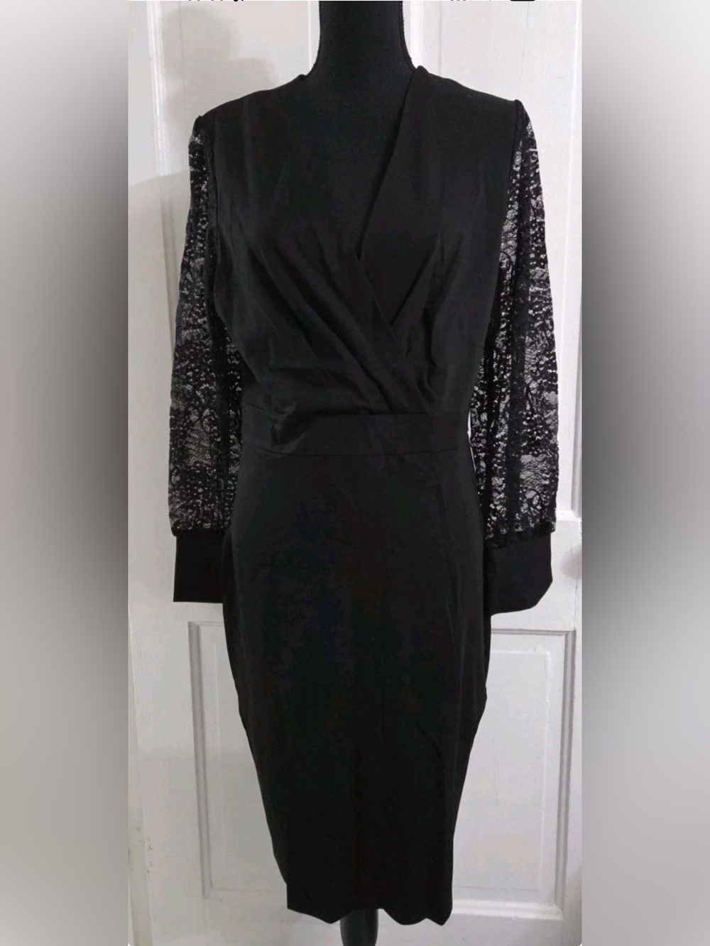 Black Lace-Sleeve Wrap-Front Long Sleeve Dress